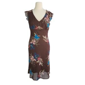 Vintage Y2K Chocolate Brown Floral Fairy Grunge Empire Waist Midi Dress 12 Vneck